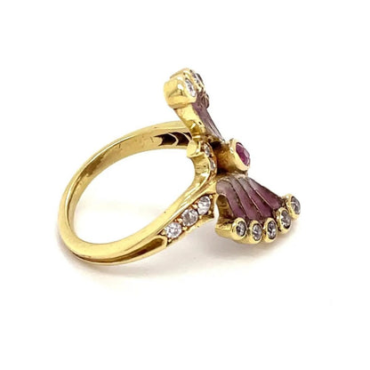 Art Nouveau Pink Plique a Jour Enamel Ruby and Diamond Ring