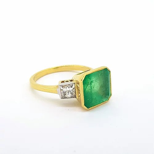 Octagonal Cut Emerald and Diamond Three Stone Ring, 18ct Yellow Gold