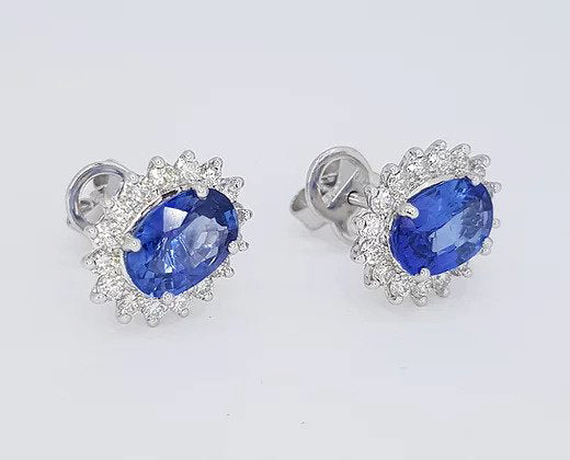 2.46ct Sapphire and Diamond Oval Cluster Earrings, in 18ct white gold.