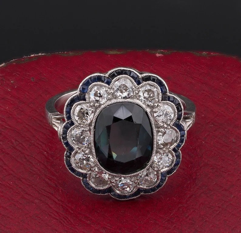 Antique Edwardian French 3ct Natural Sapphire Diamond Platinum Floral Cluster Ring