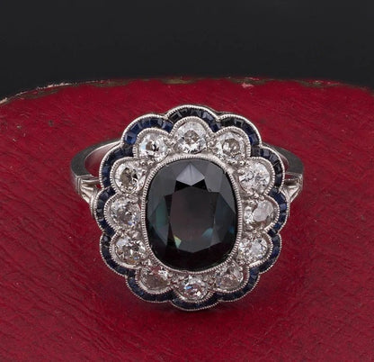 Antique Edwardian French 3ct Natural Sapphire Diamond Platinum Floral Cluster Ring