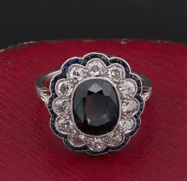 Antique Edwardian French 3ct Natural Sapphire Diamond Platinum Floral Cluster Ring