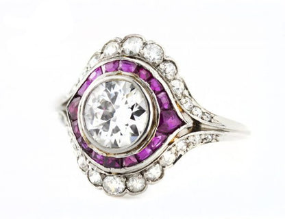 Vintage 3ct Diamond and Ruby Cluster Ring in Platinum
