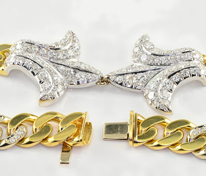 Vintage Italian 1940s Retro Diamond Set Gold and Platinum Curb Link Necklace with Fleur de Lys, 13.30 carat total