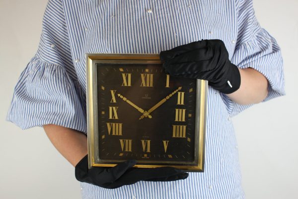 Art Deco Style Vintage Omega Table Desk Clock; black square dial with golden Roman numeral markers and hands, 8-day movement, Made in Switzerland