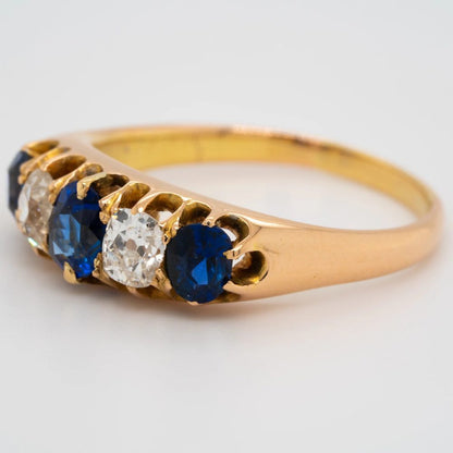 Edwardian Antique 1.50ct Cushion Cut Sapphire and Diamond Five Stone Ring