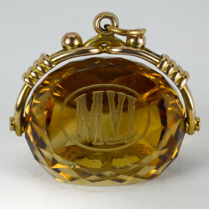 Engraved Citrine and Yellow Gold Spinning Fob Charm Pendant