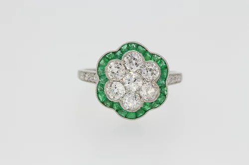 Platinum Emerald and Diamond Floral Cluster Ring