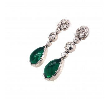 Cabochon-Cut Emerald and Old-Cut Diamond Drop Earrings, 15.50ct total
