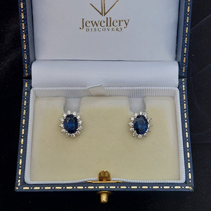 2.60ct Blue Sapphire and Diamond Oval Cluster Stud Earrings in 18ct White Gold