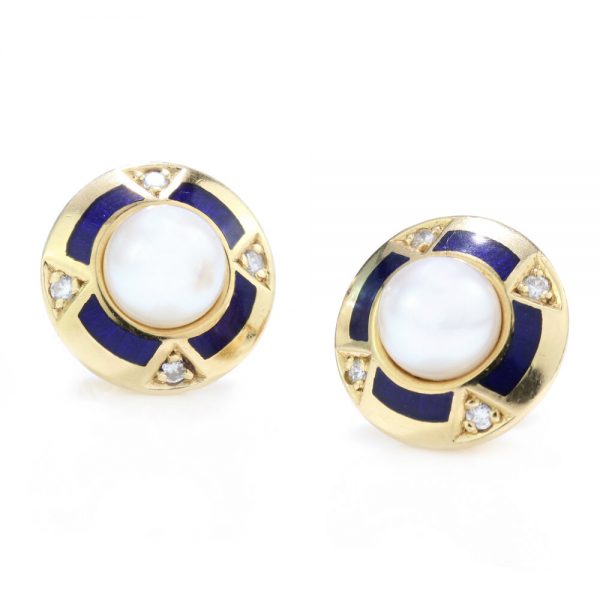 Faberge Limited Edition Pearl, Blue Enamel and Diamond Stud Earrings in 18ct yellow gold, Limited Edition Number 30/300. Circa 1990s / early 2000s