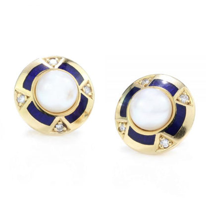 Faberge Limited Edition Pearl, Blue Enamel and Diamond Stud Earrings in 18ct yellow gold, Limited Edition Number 30/300. Circa 1990s / early 2000s