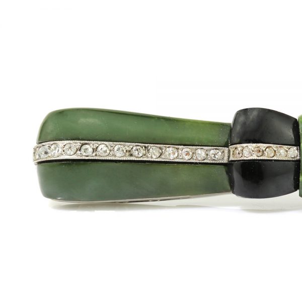 Art Deco Jadeite, Onyx and Old Cut Diamond Bow Brooch in Platinum