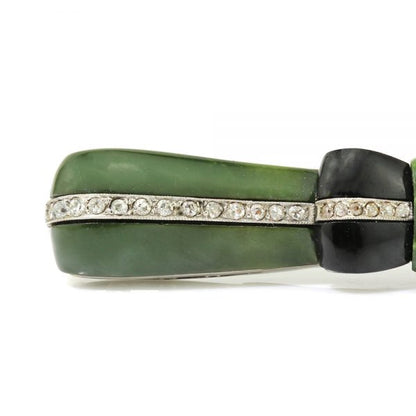 Art Deco Jadeite, Onyx and Old Cut Diamond Bow Brooch in Platinum