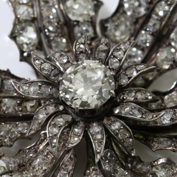 Antique Victorian Old Cut Diamond Flower Pendant, 9 carat total, in silver and 15ct gold, Circa 1840s