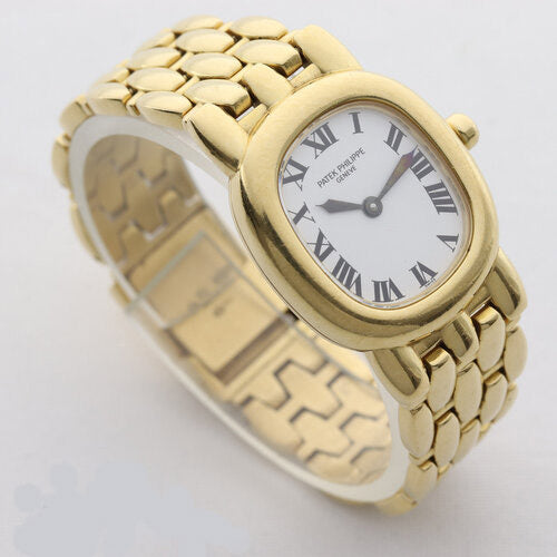 Patek Philippe Ladies Golden Ellipse 23mm Quartz 18ct Yellow Gold Watch, white dial, Roman numerals, sapphire crystal, 18ct gold bracelet