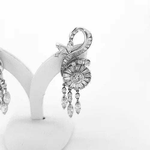 Vintage 1950s Baguette Cut Diamond Platinum Floral Earrings, 6 carats