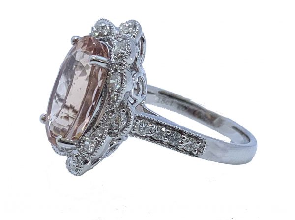 Morganite and Diamond Oval Cluster Ring in 18ct White Gold, 6.55 carats