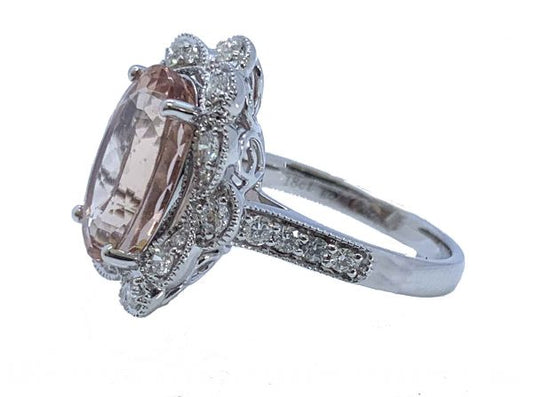 Morganite and Diamond Oval Cluster Ring in 18ct White Gold, 6.55 carats