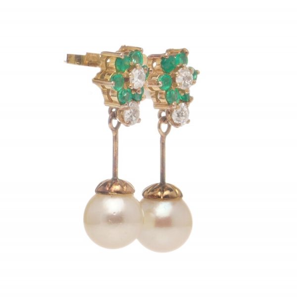 Antique Freshwater Pearl Drop Earrings with Diamonds and Emeralds