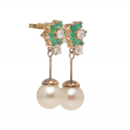 Antique Freshwater Pearl Drop Earrings with Diamonds and Emeralds