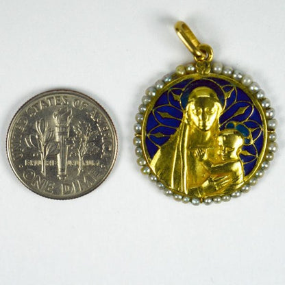 Madonna and Child 18ct Gold Pendant with Natural Seed Pearls and Blue Plique a Jour Enamel