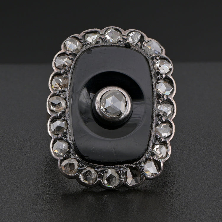 Victorian Antique Rose Cut Diamond and Black Onyx Panel Plaque Ring, 2.10 carat total