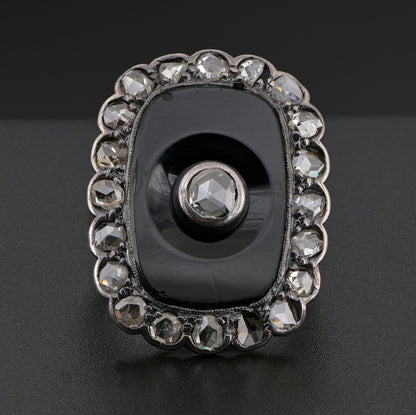 Victorian Antique Rose Cut Diamond and Black Onyx Panel Plaque Ring, 2.10 carat total