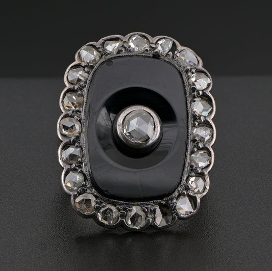 Victorian Antique Rose Cut Diamond and Black Onyx Panel Plaque Ring, 2.10 carat total
