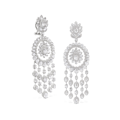 Rose Cut Diamond Chandelier Earrings; Luxurious drop earrings studded with 611 oval rose-cut and round brilliant diamonds, 14.25ct total, 18ct white gold