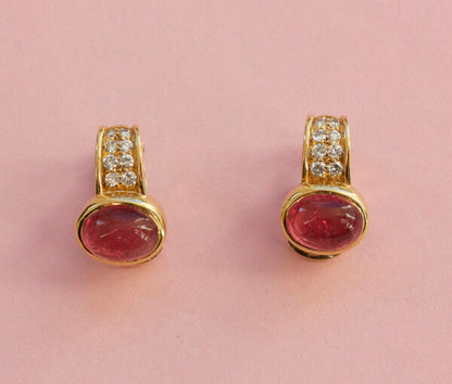 Vintage Bulgari Pink Tourmaline, Diamond and 20ct Yellow Gold Clip On Earrings; set with oval cabochon cut pink tourmalines, Signed, c.1980