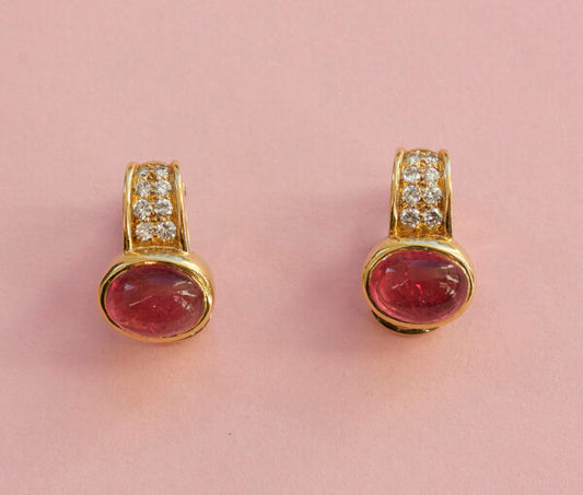 Vintage Bulgari Pink Tourmaline, Diamond and 20ct Yellow Gold Clip On Earrings; set with oval cabochon cut pink tourmalines, Signed, c.1980