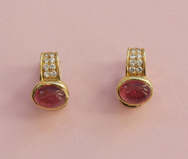 Vintage Bulgari Pink Tourmaline, Diamond and 20ct Yellow Gold Clip On Earrings; set with oval cabochon cut pink tourmalines, Signed, c.1980
