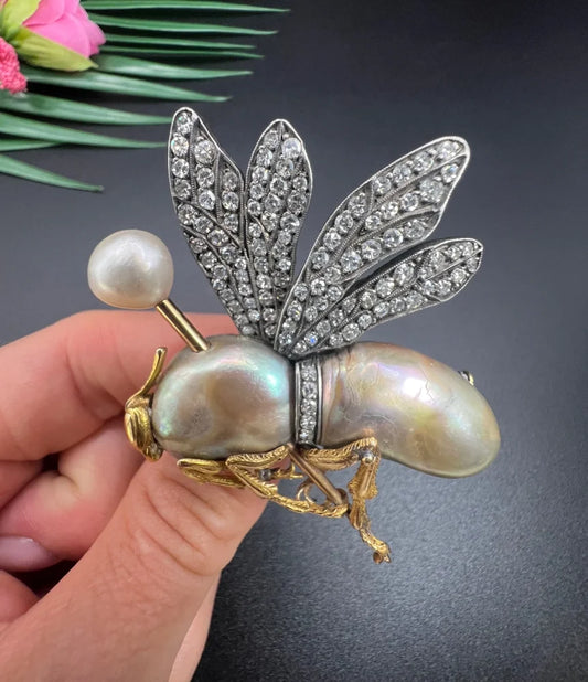 Vintage Abalone Pearl Insect Brooch with Diamonds