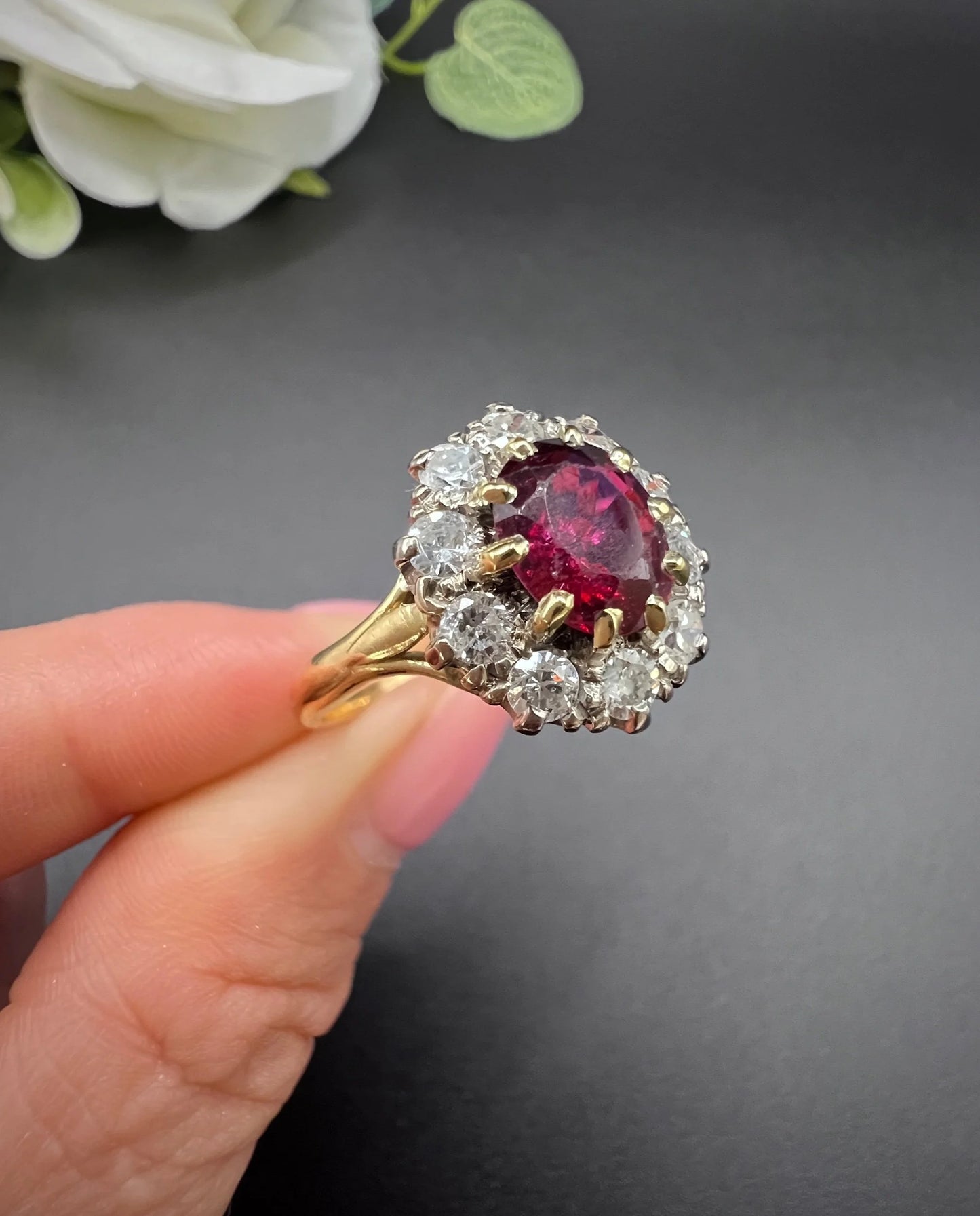 Vintage 18ct Gold, 1950s Ruby & Diamond Cluster Engagement Ring