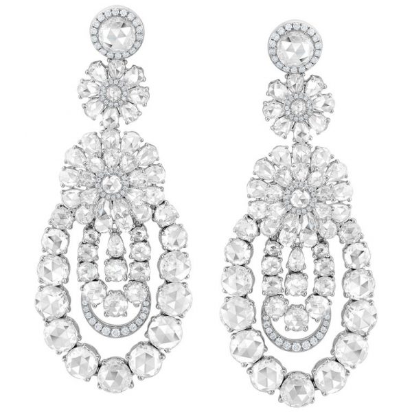 Rose Cut Diamond Chandelier Earrings, 10.64 carat total, 18ct White Gold