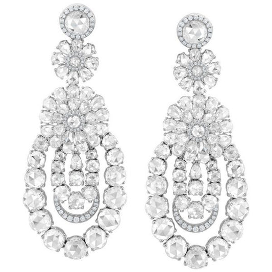 Rose Cut Diamond Chandelier Earrings, 10.64 carat total, 18ct White Gold