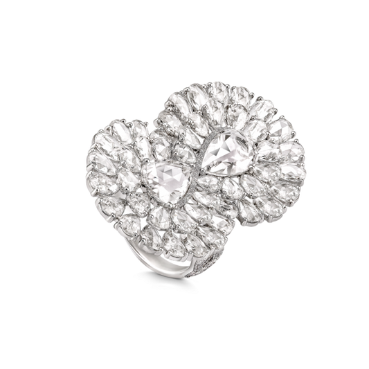 Contemporary Diamond Infinity Cocktail Ring; featuring two central pear-shaped rose-cut diamonds of 1.00 carat each, surrounded by radiant double layered pear rose-cut diamonds to form the Infinity symbol.