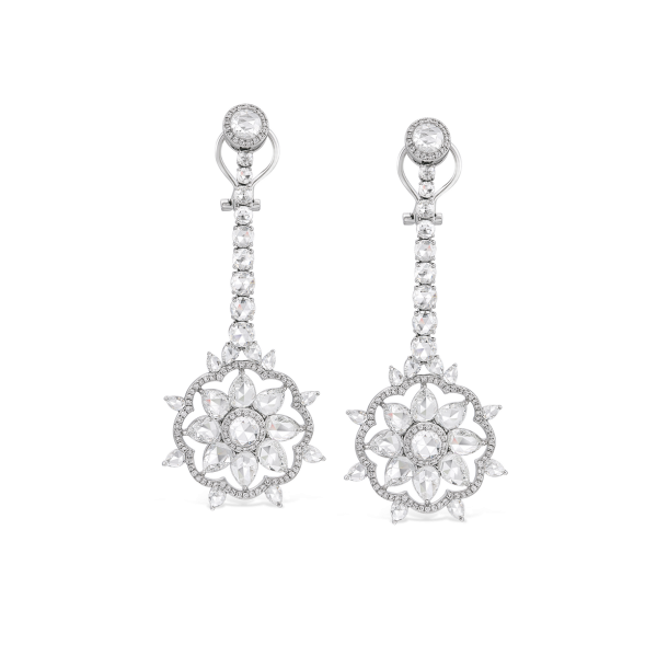 Rose Cut Diamond Cluster Drop Earrings; 12.42 carats, featuring floral clusters suspended from graduating diamond drops, set with 12.42cts round and pear-shaped rose-cut diamonds, accented with numerous round brilliant-cut diamonds