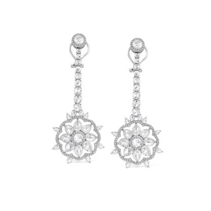 Rose Cut Diamond Cluster Drop Earrings; 12.42 carats, featuring floral clusters suspended from graduating diamond drops, set with 12.42cts round and pear-shaped rose-cut diamonds, accented with numerous round brilliant-cut diamonds