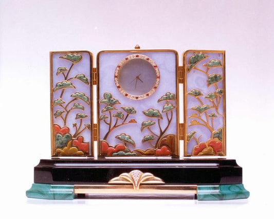 18ct Yellow Gold Enamel Diamond and Ruby Set Clock