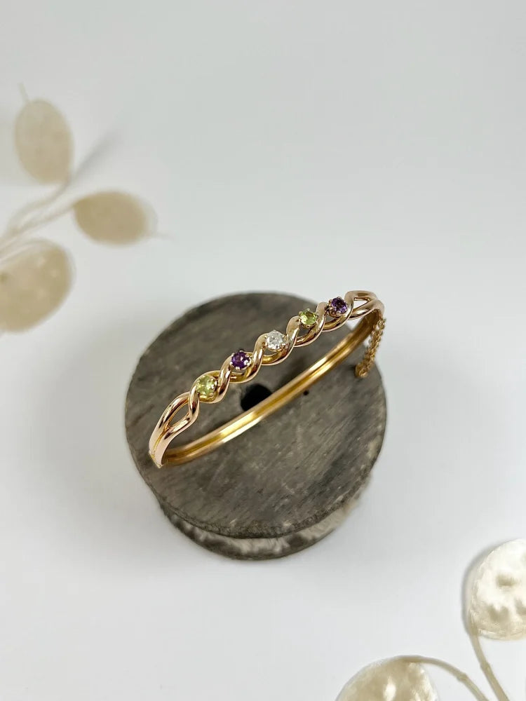 Antique 15 Carat Yellow Gold Suffragette Bangle with Amethyst, Peridot And Diamond Stones