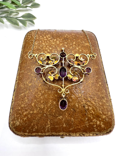 Antique 9 Carat Rose Gold Amethyst and Seed Pearl Pendant Necklace