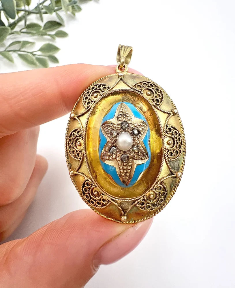 Antique 15 Carat Yellow Gold Locket/Pendant With Enamel And Gemstones