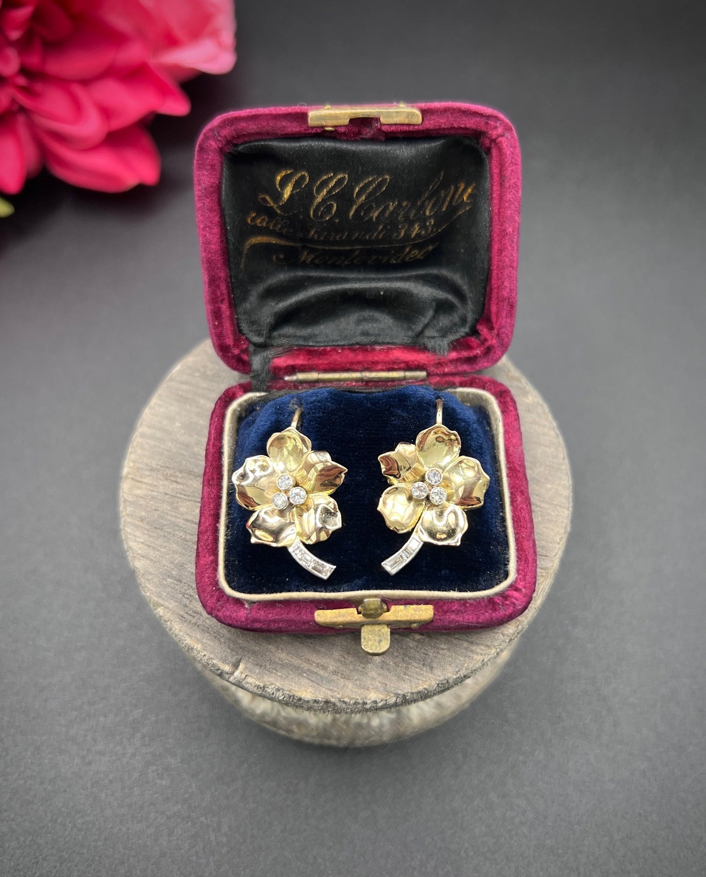 Vintage 18 Carat Yellow and White Gold Diamond Flower Earrings, Circa 1940