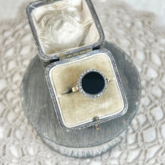 Art Deco Vintage Onyx and Diamond Halo Cluster Target Ring