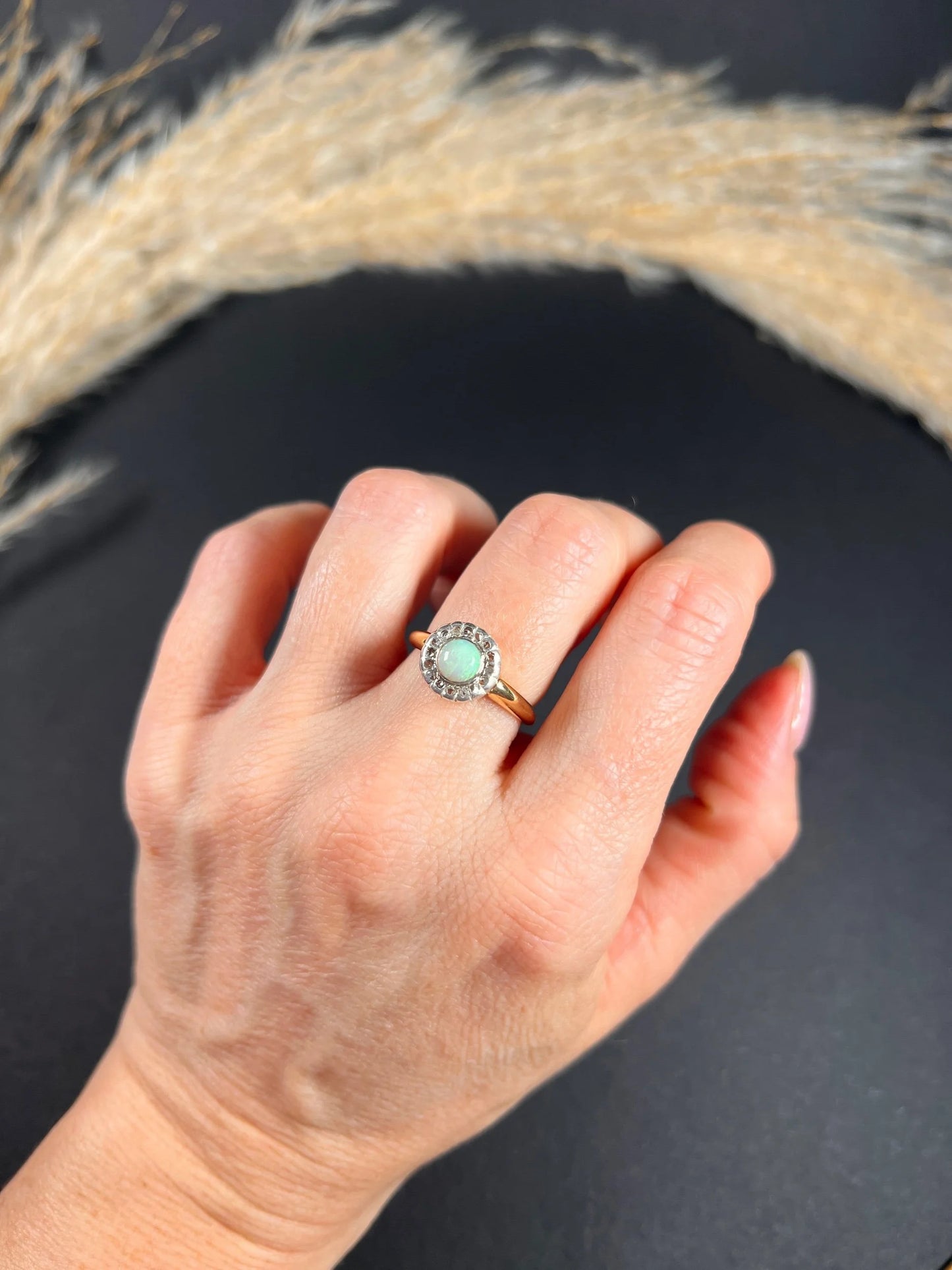 Antique 18 ct Yellow Gold, Early Victorian Opal And Diamond Halo Ring