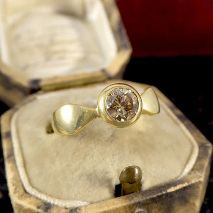 Bezel Set 0.60ct Champagne Diamond Solitaire Engagement Ring in 18ct Yellow Gold with triangular dimple style shoulders