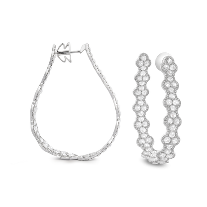 Rose Cut Diamond Hoop Earrings; Crafted from 112 rose-cuts and 540 round brilliant cut diamonds, seamlessly contoured, 7.73 carat total, 18ct white gold