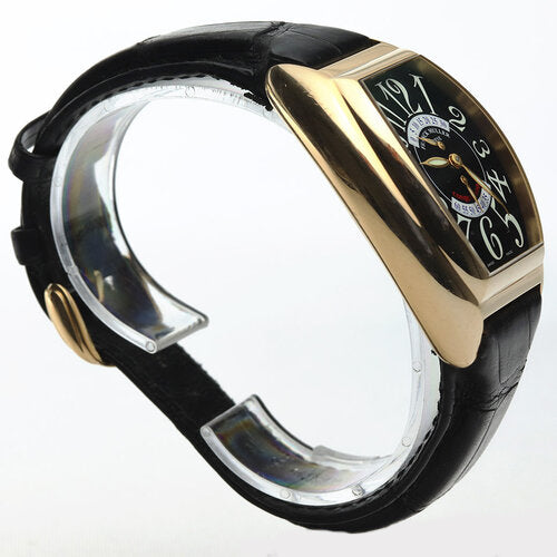 Franck Muller Conquistador 35mm 18ct Rose Gold Automatic Watch; Ref. 8005 DS R, black dial, Arabic numerals, sapphire crystal, two retrograde second indicators, Franck Muller black crocodile strap with 18ct pin buckle, with Franck Muller box.